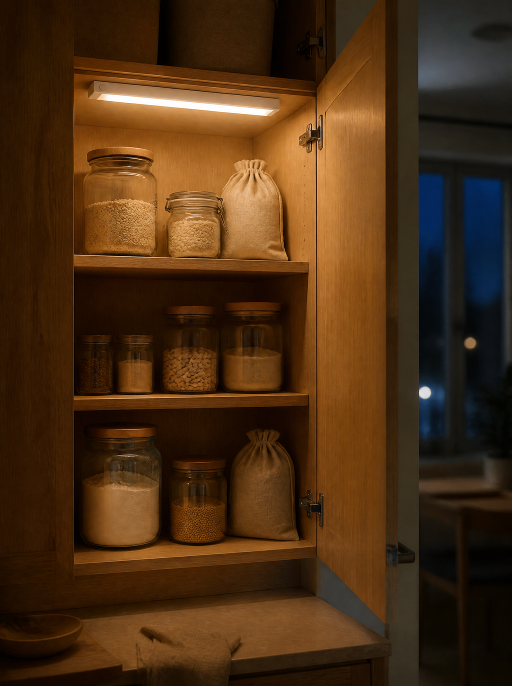 Motion sensor light bar inside a kitchen pantry cabinet