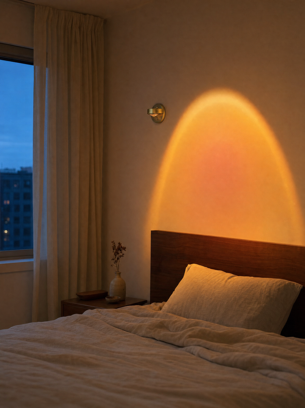 Stick-on sunset wall light projecting a sunset glow above a bed