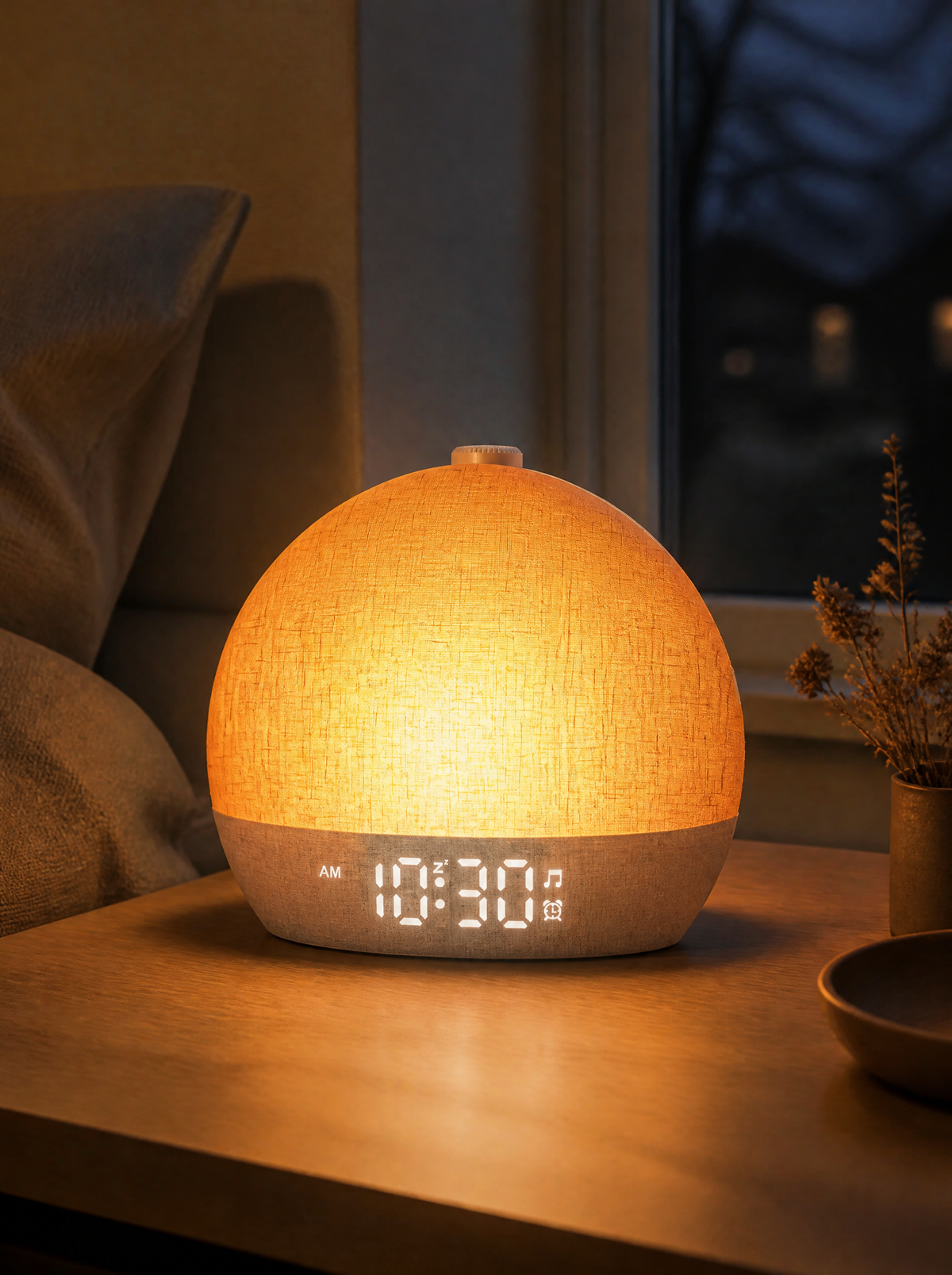 Close-up of the sunrise alarm clock glow and display