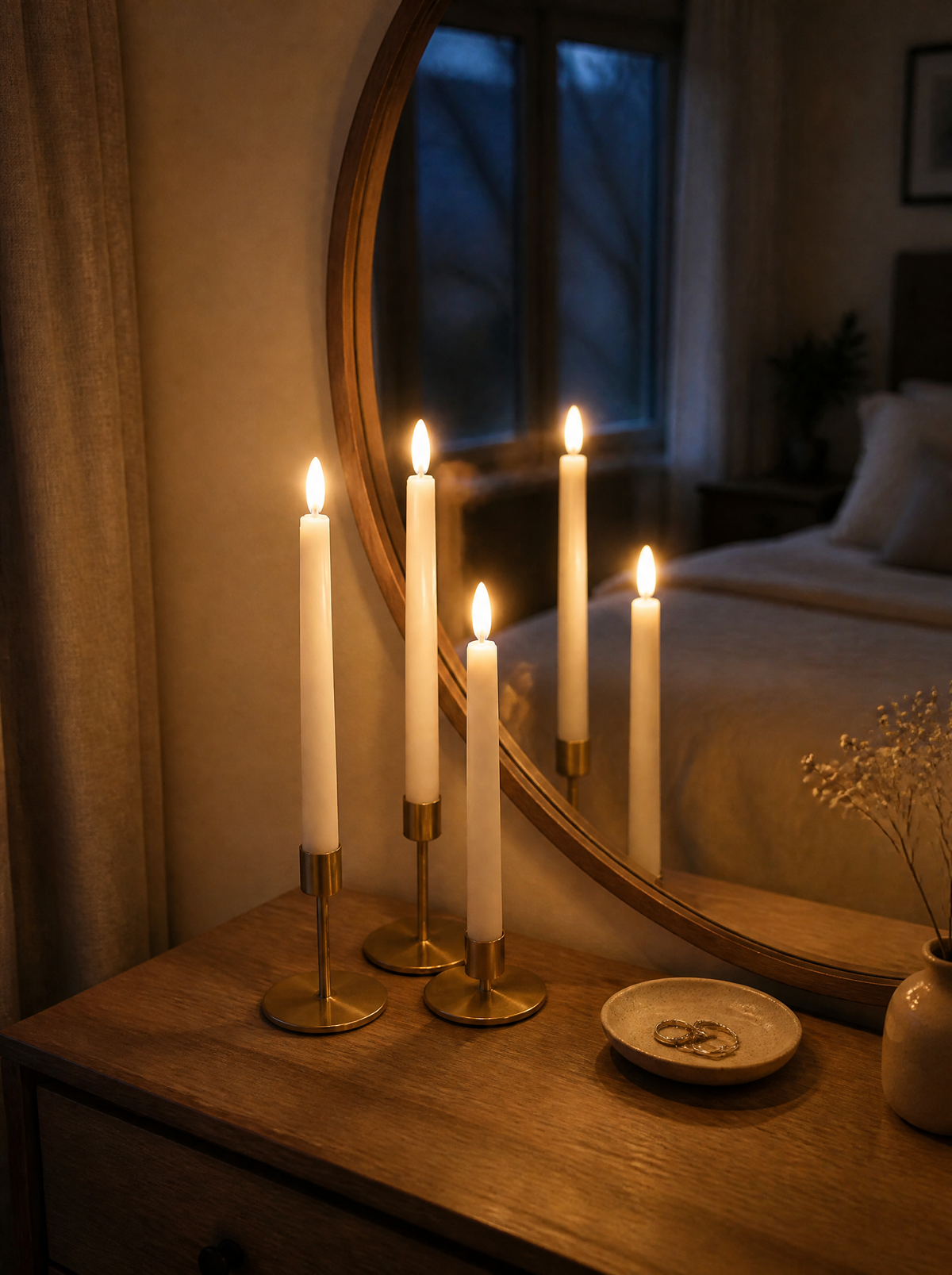 Flameless taper candles on a dresser in front of a mirror