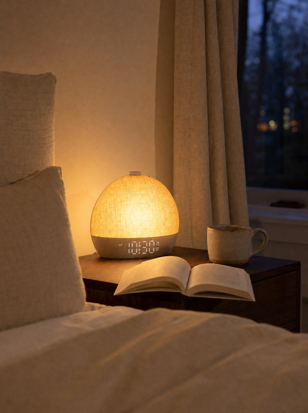 Sunrise alarm clock with a dim amber glow next to a book and tea
