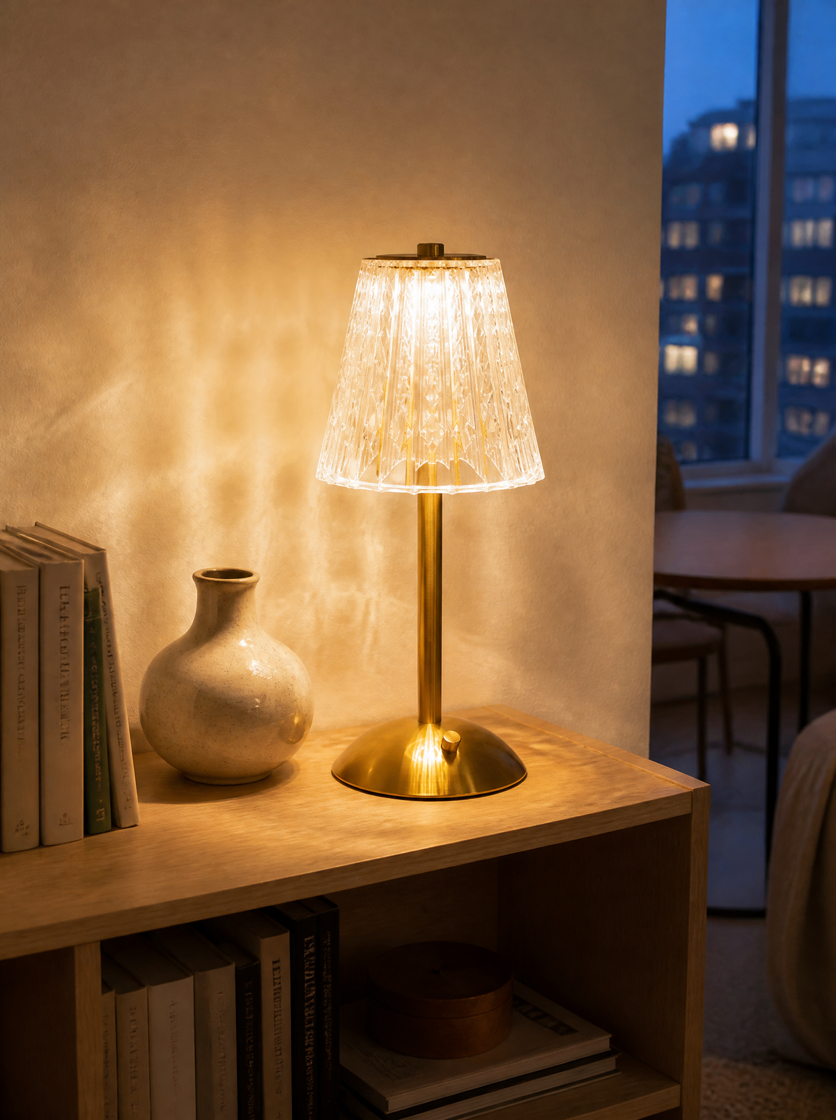 Crystal-cut table lamp glowing on an oak bookshelf