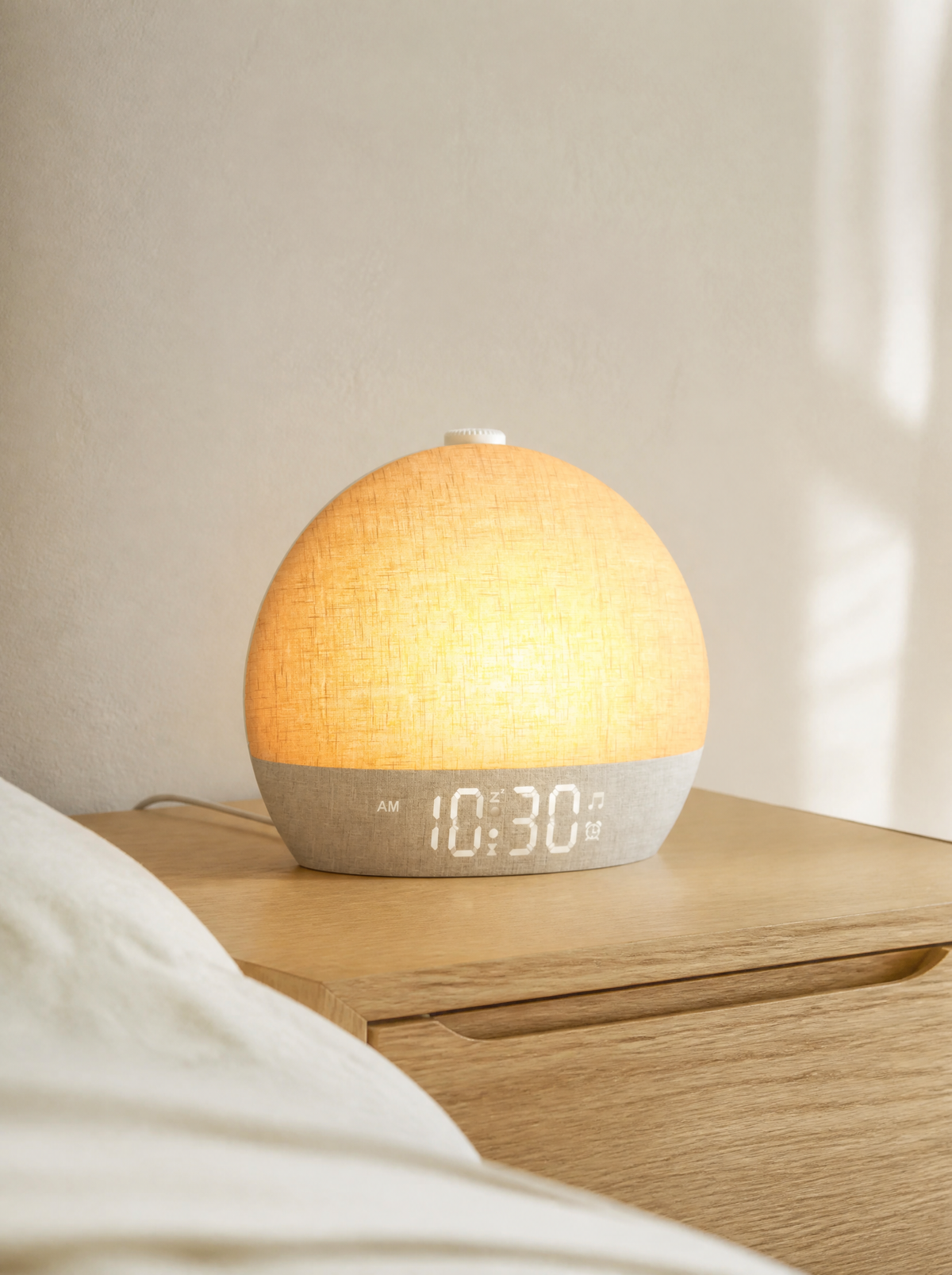 Sunrise alarm clock on an oak nightstand in daylight
