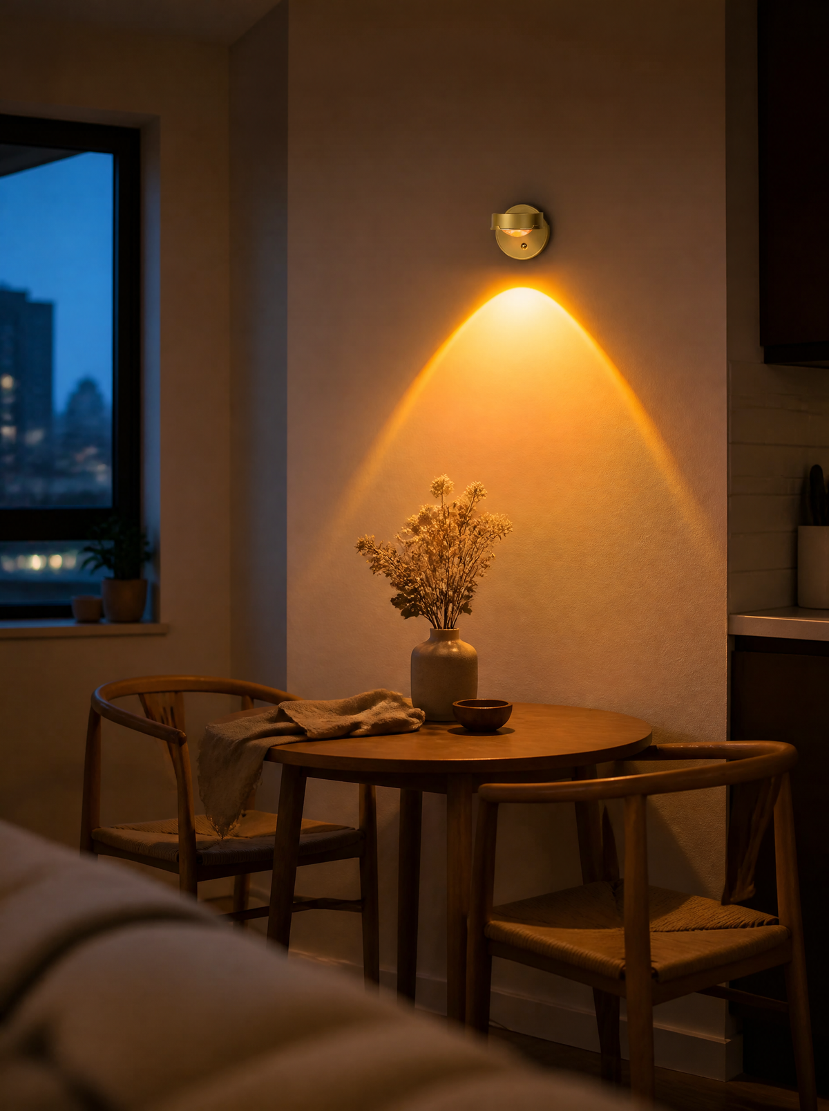 Sunset wall light glowing over a small dining nook