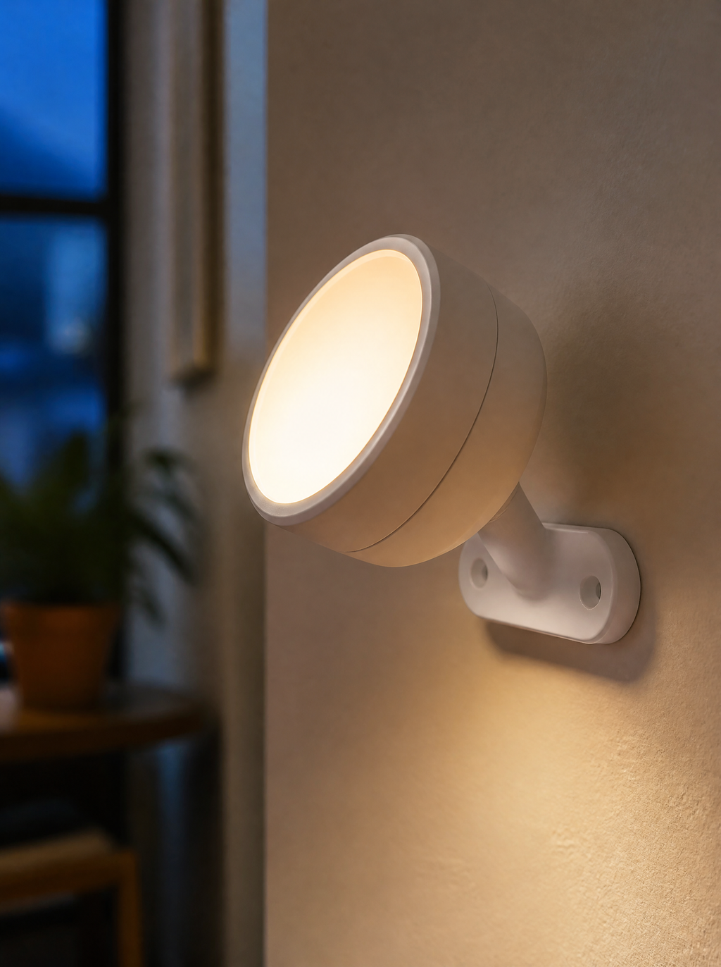 Close-up of a rechargeable wall sconce glowing warm