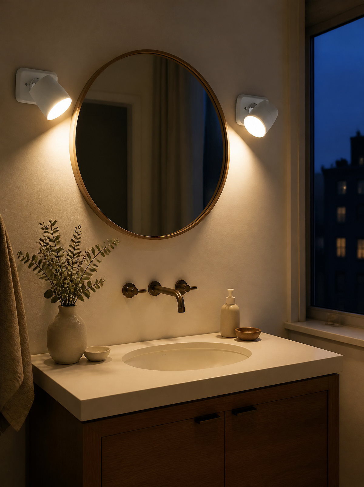 Two stick-on wall sconces beside a bathroom mirror