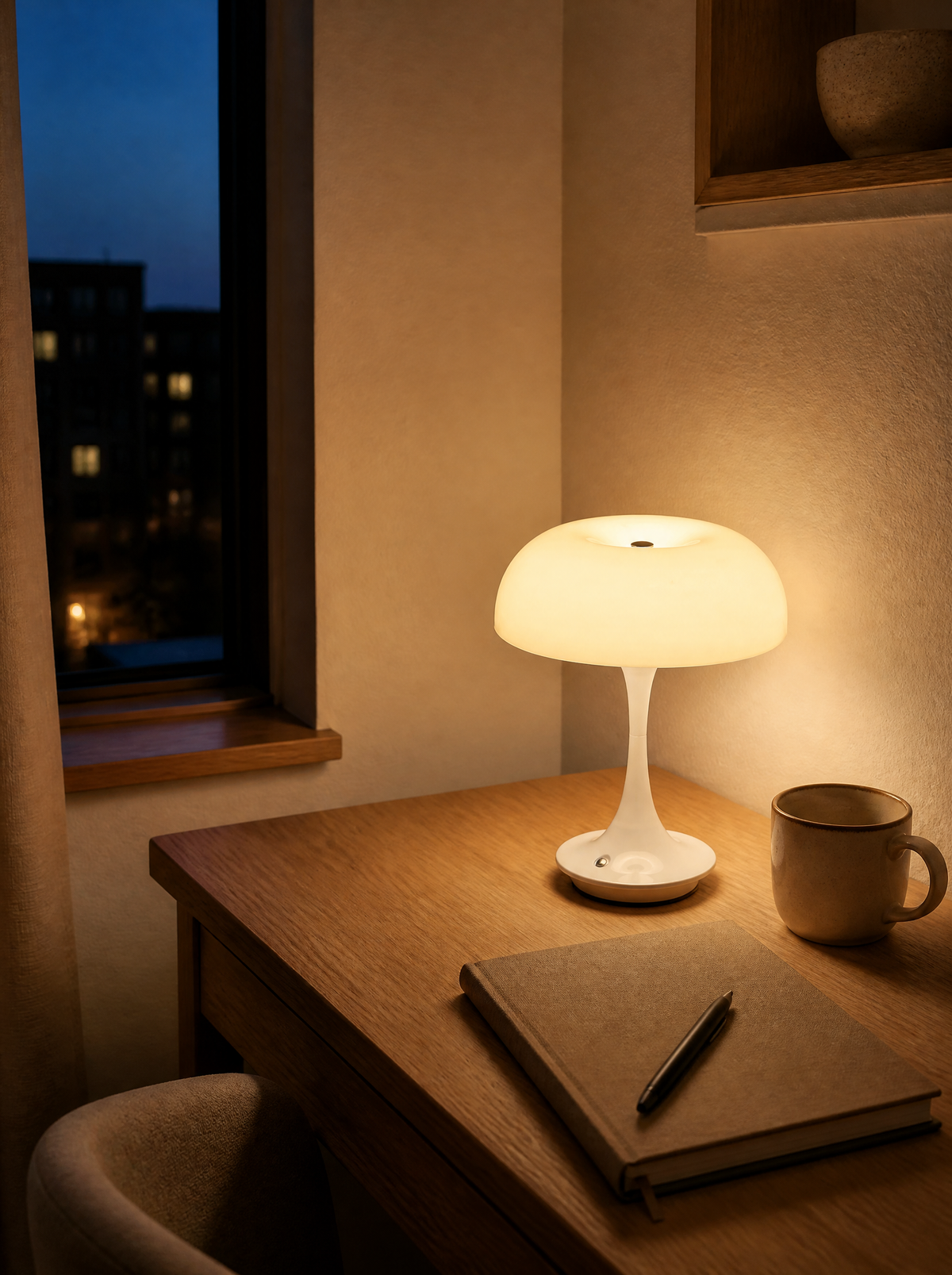 White cordless mushroom lamp on a desk corner