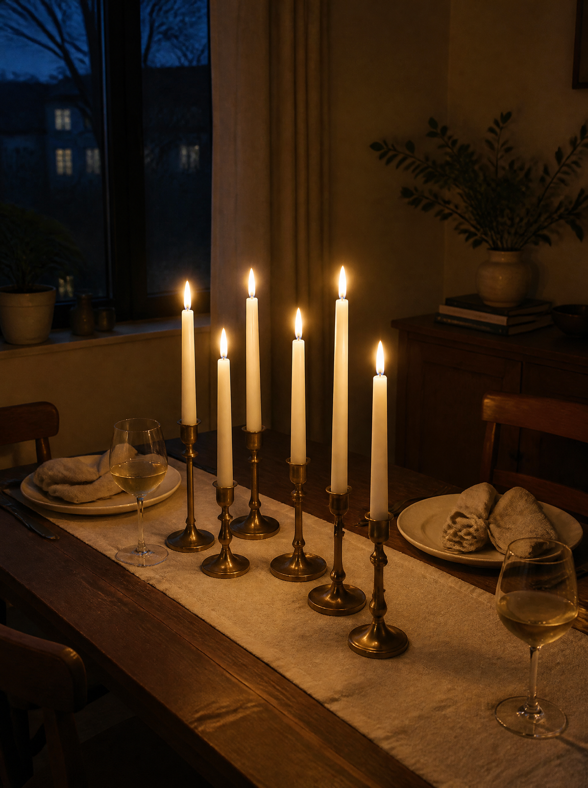 Flameless LED taper candles on a dinner table for two