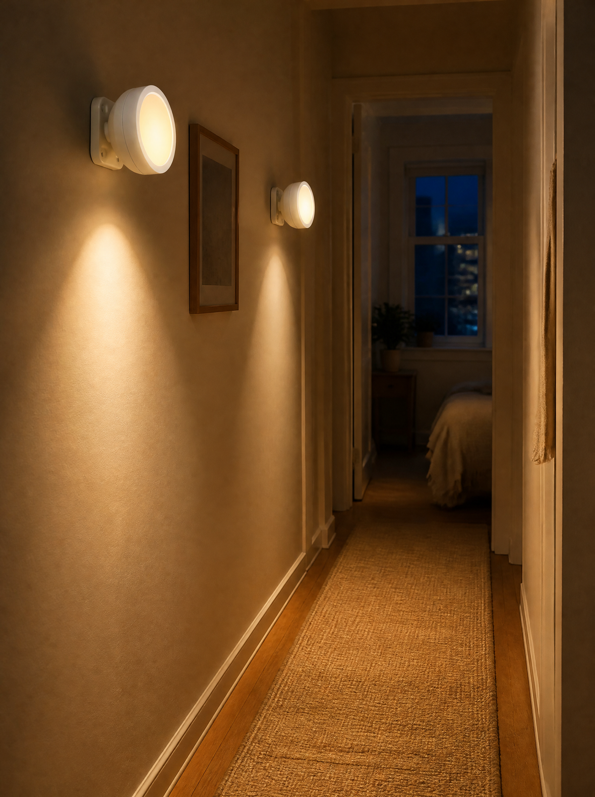 Two rechargeable wall sconces lighting a rental hallway at night