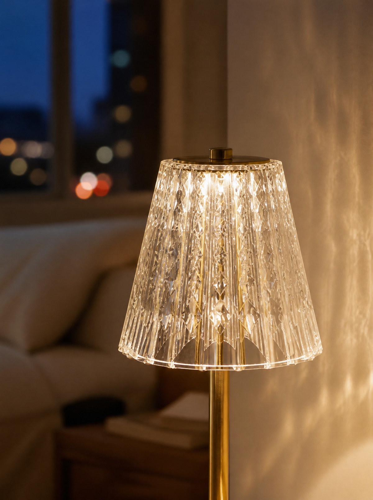 Close-up of the crystal-cut fluted cone shade glowing