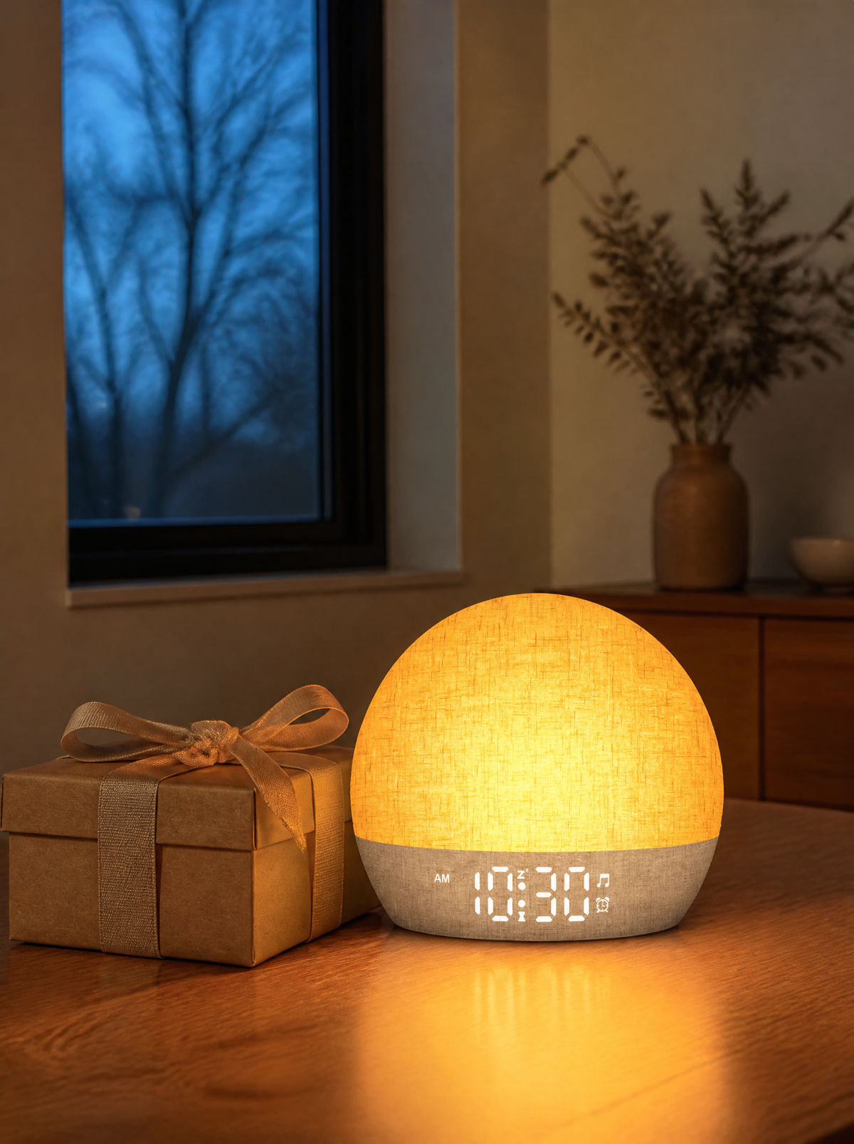 Sunrise alarm clock next to a wrapped gift