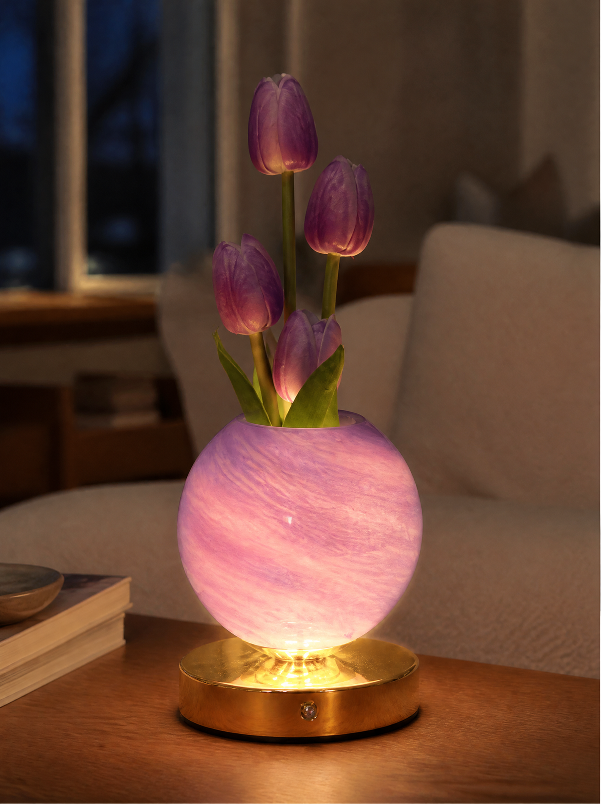 Close-up of the lilac tulip lamp orb and gold touch base