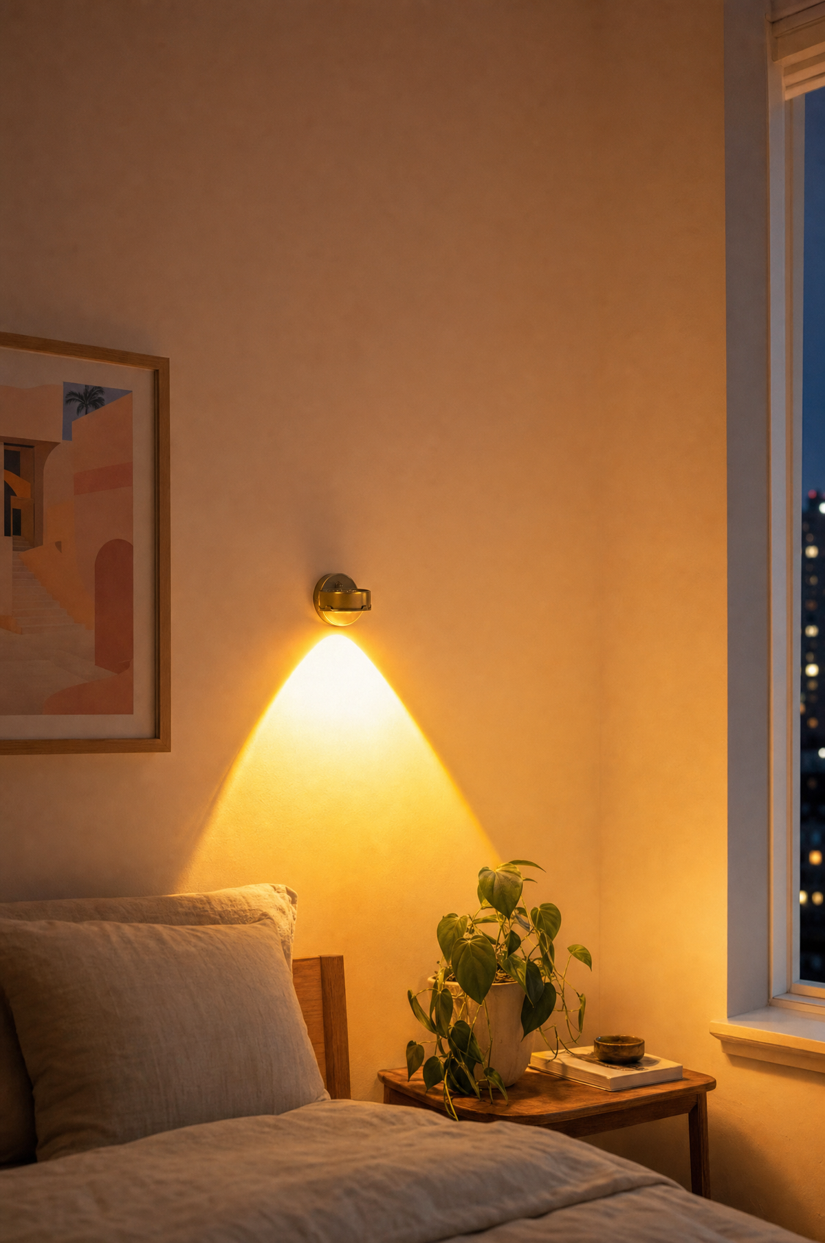 Rental bedroom corner washed in a warm sunset glow