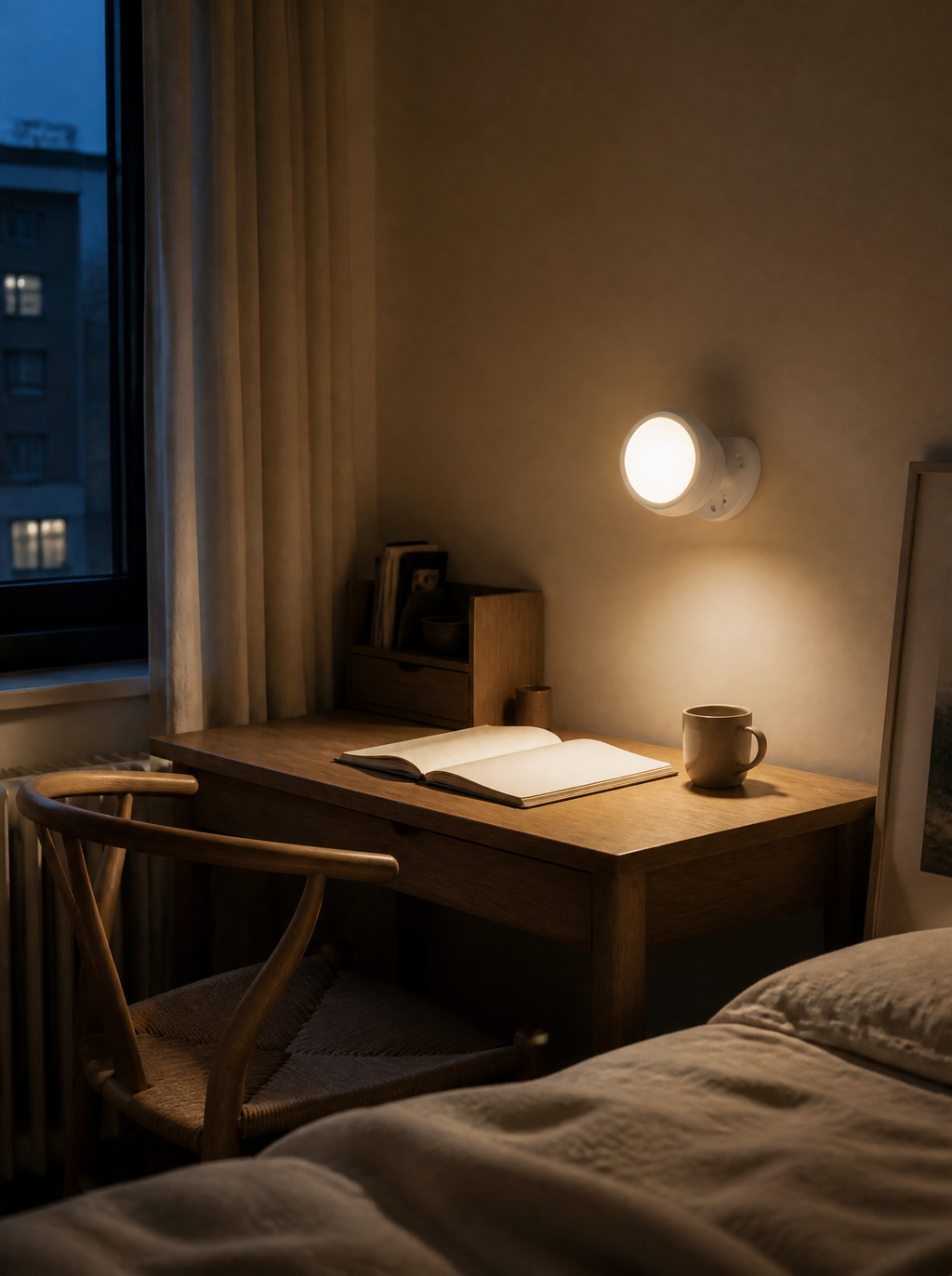 Rechargeable wall sconce above a small desk in a bedroom corner