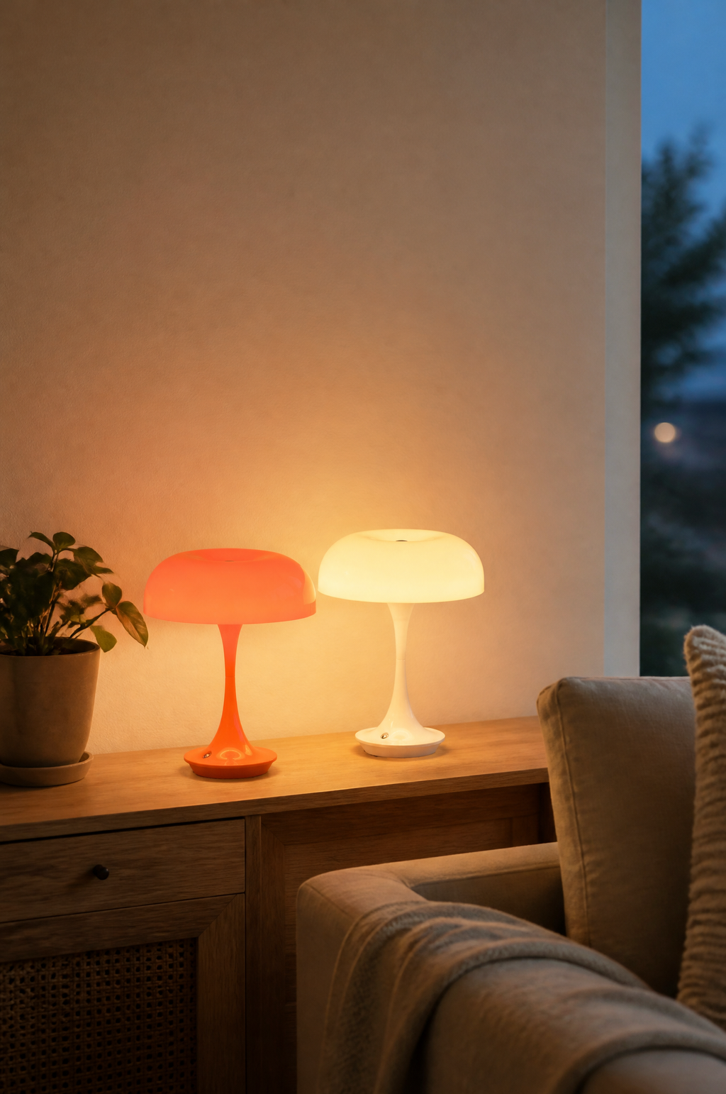 Orange and white mushroom lamps glowing on a sideboard