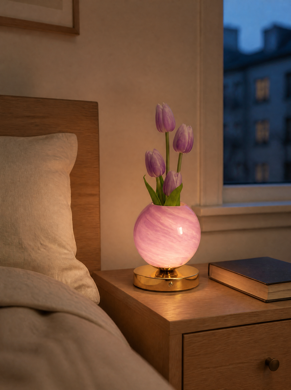 Cordless lilac tulip lamp glowing on an oak nightstand