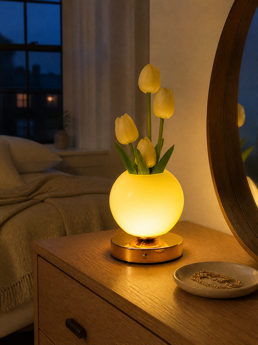 Yellow tulip lamp glowing on a bedroom dresser
