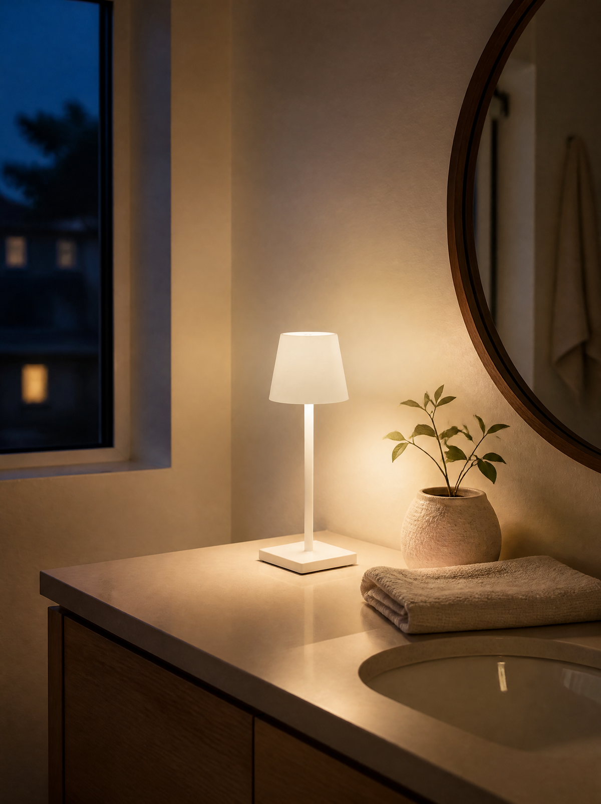 Cordless bistro lamp on a bathroom counter