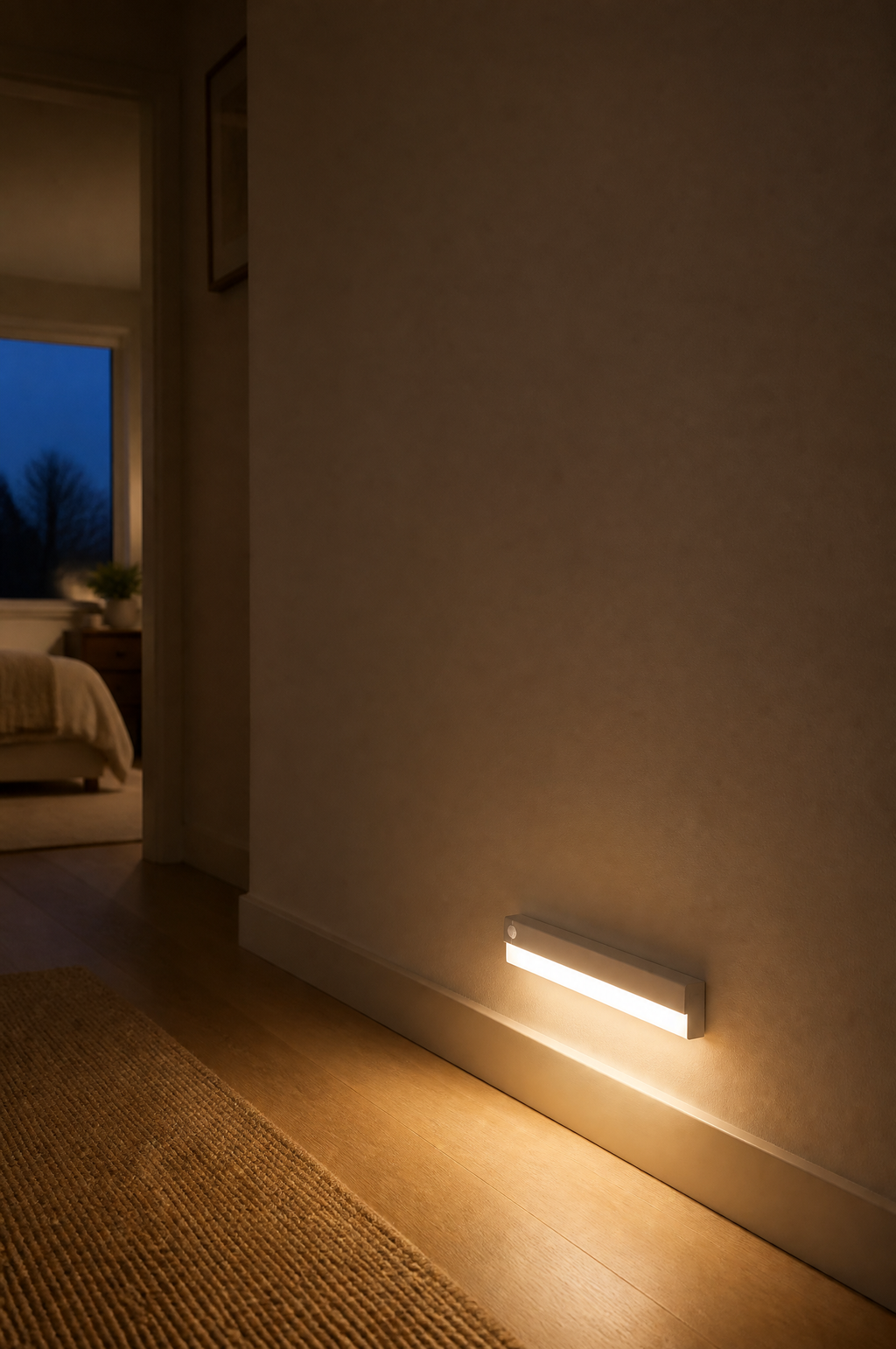 Motion sensor light bar glowing low on a hallway wall