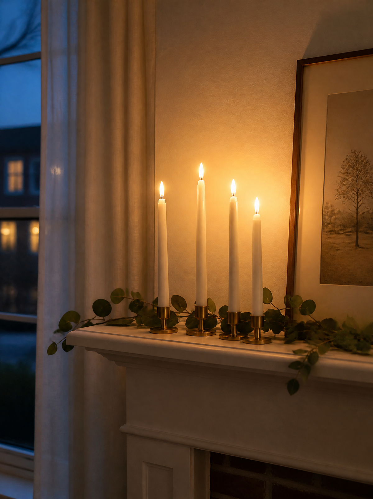 Flameless taper candles on a mantel with a eucalyptus garland
