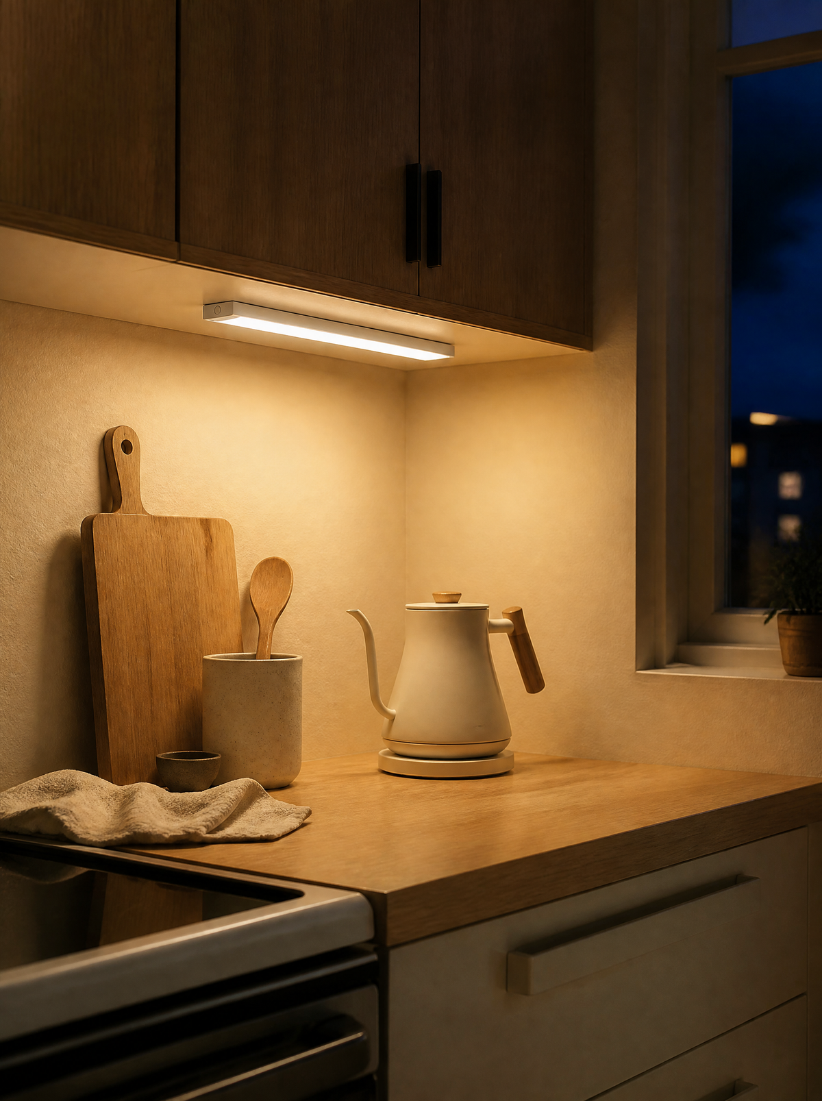 Motion sensor light bar under a kitchen cabinet at night