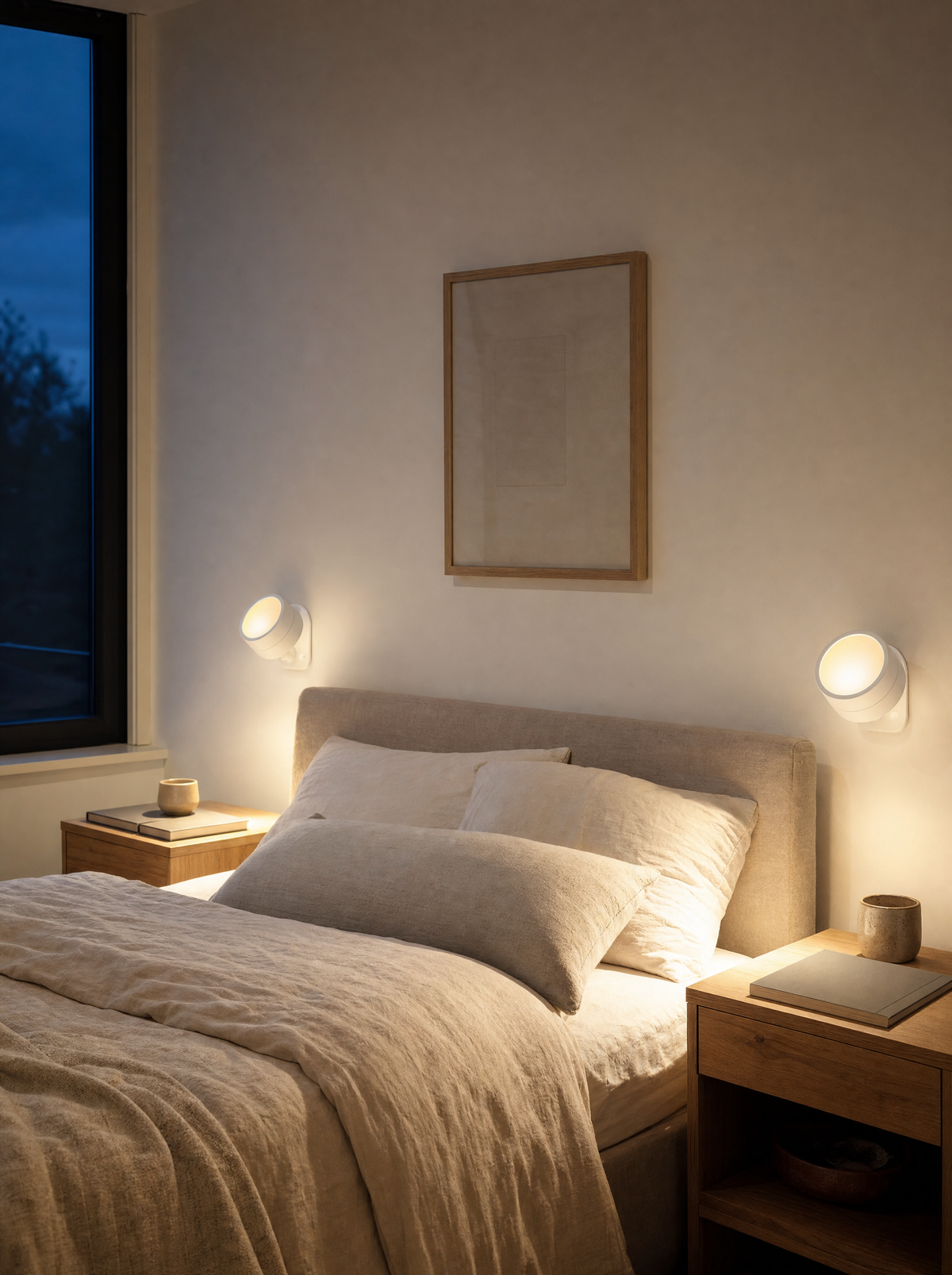 Two rechargeable wall sconces on both sides of a bed in a rental bedroom