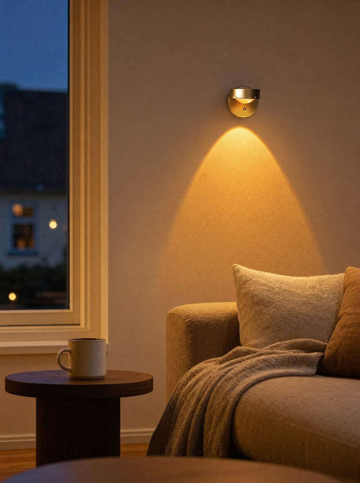 Sunset wall light glowing on a living room wall behind a sofa