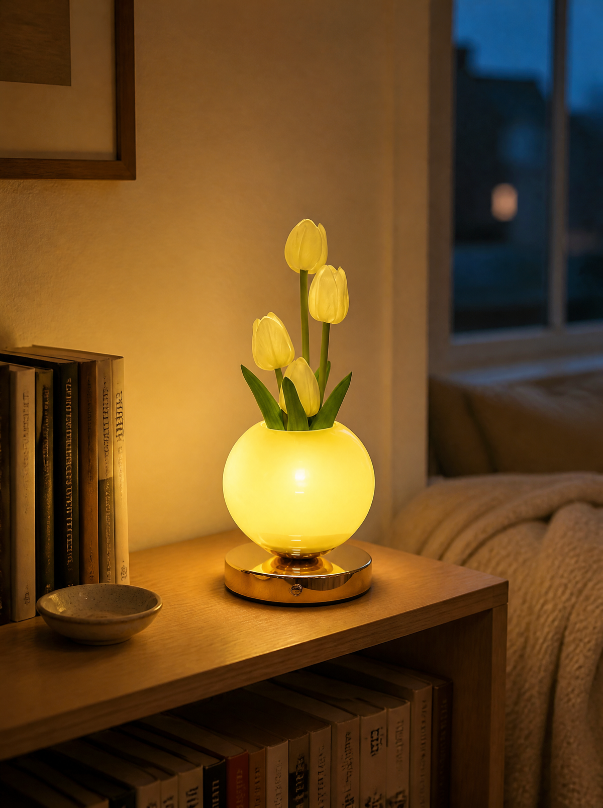 Cordless yellow tulip lamp on a bookshelf
