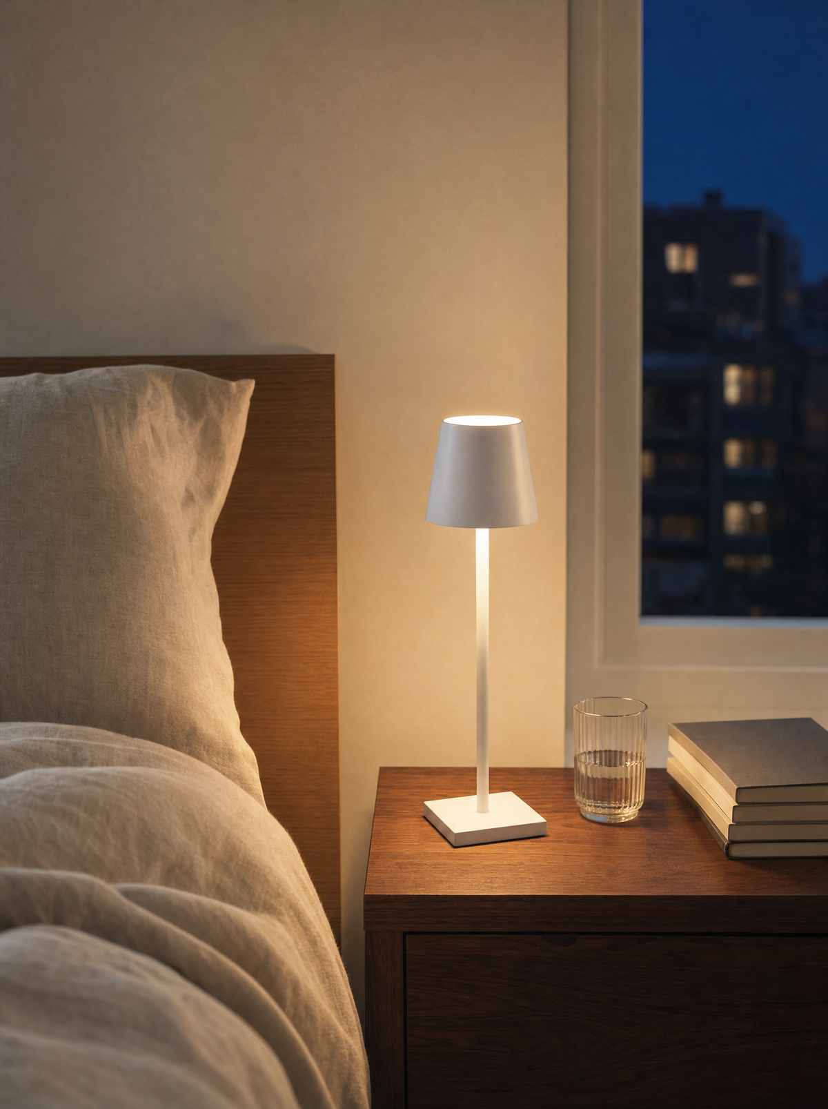 Cordless bistro table lamp on a walnut nightstand