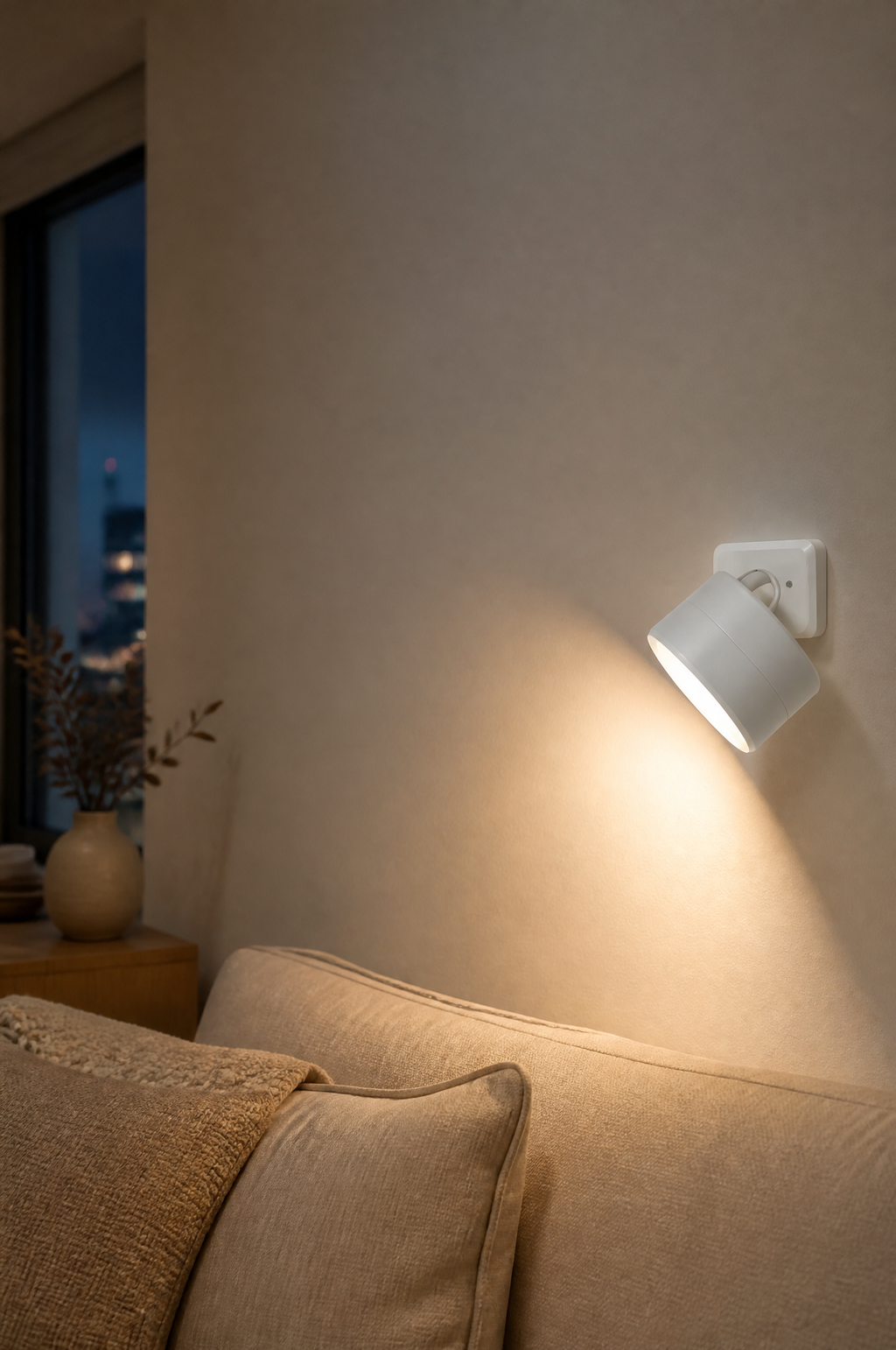 Stick-on wall sconce casting warm light on a smooth cream wall