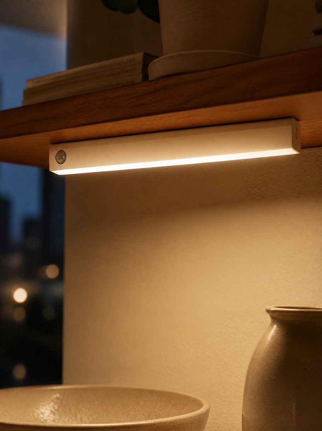 Close-up of a motion sensor light bar under a shelf