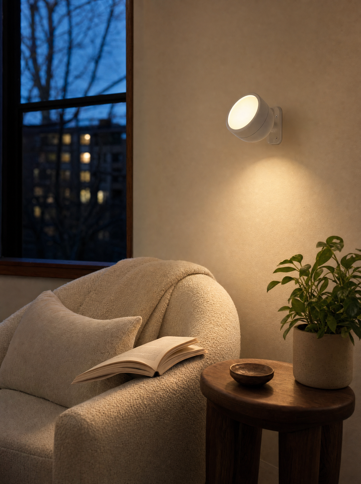 Rechargeable wall sconce above a reading chair in a cozy corner