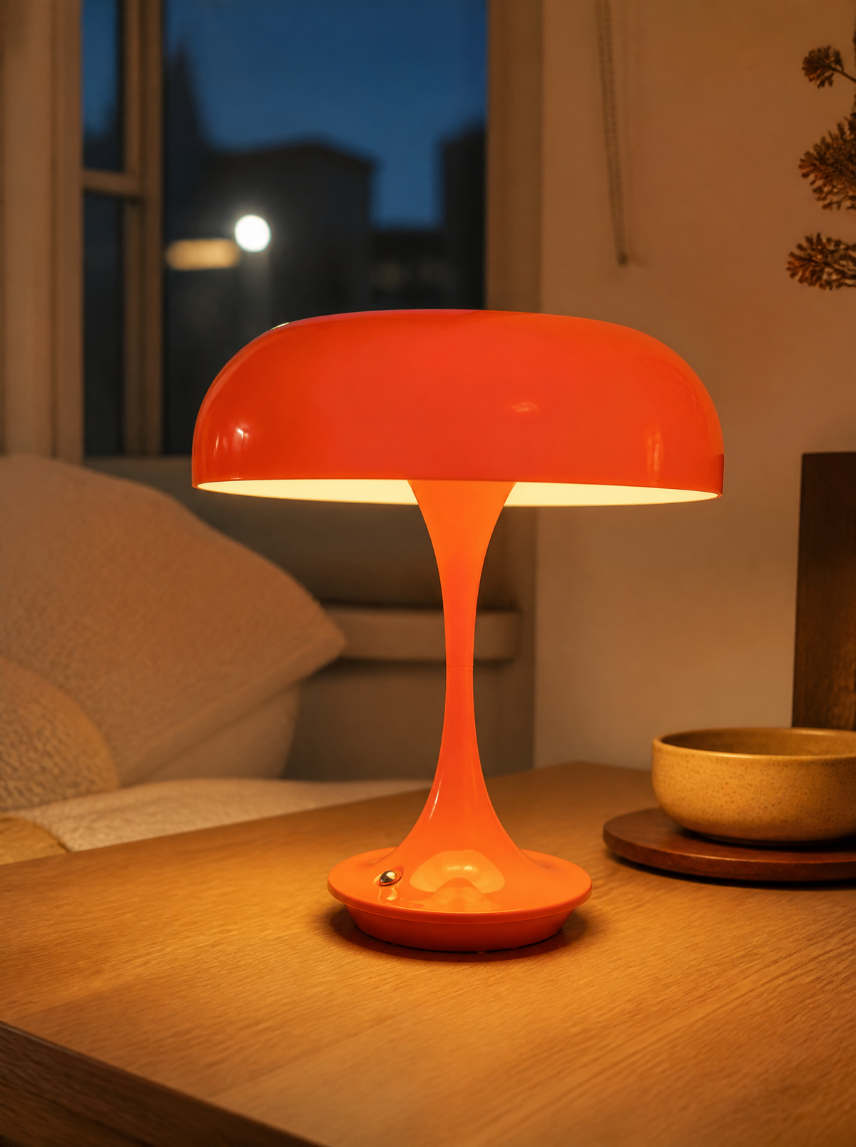 Close-up of the orange mushroom lamp base and stem