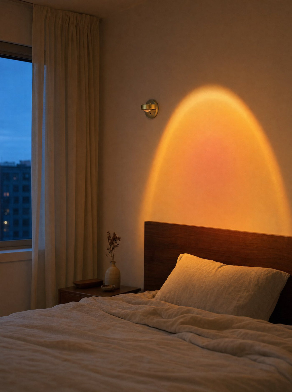 A sunset wall light casting a warm glow on the wall above a bed