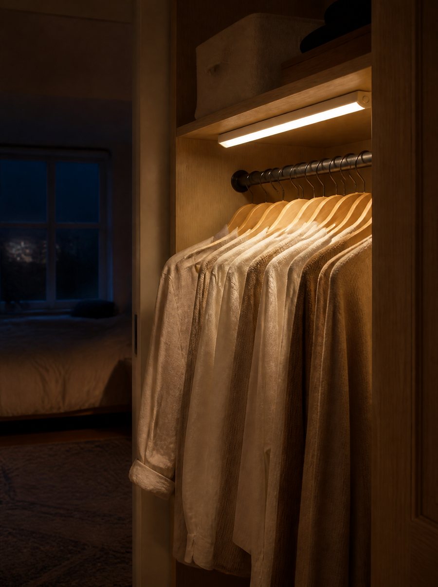 A motion-sensor light bar lighting up a closet