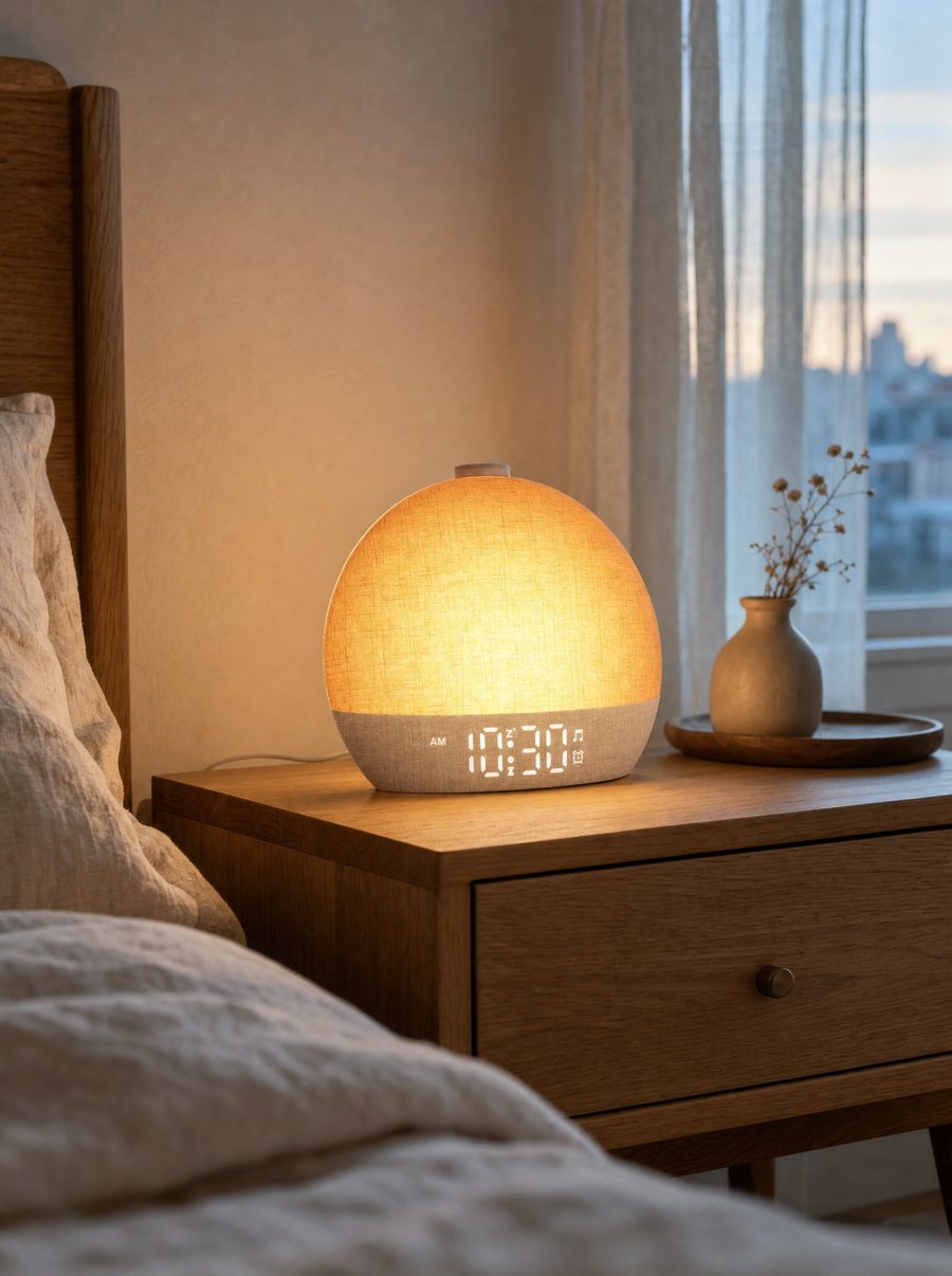 A sunrise alarm clock glowing on a nightstand