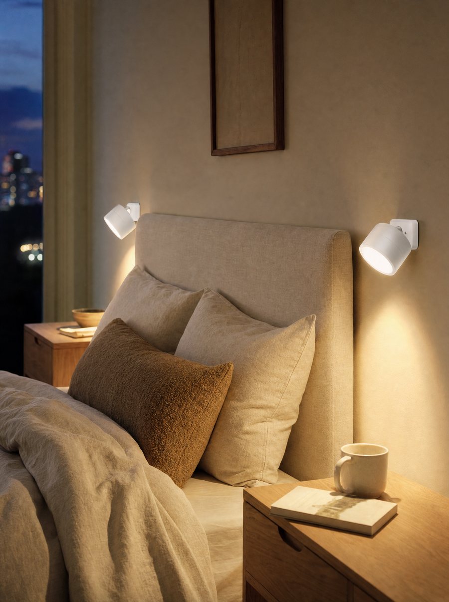 Two stick-on wall lights on both sides of a bed